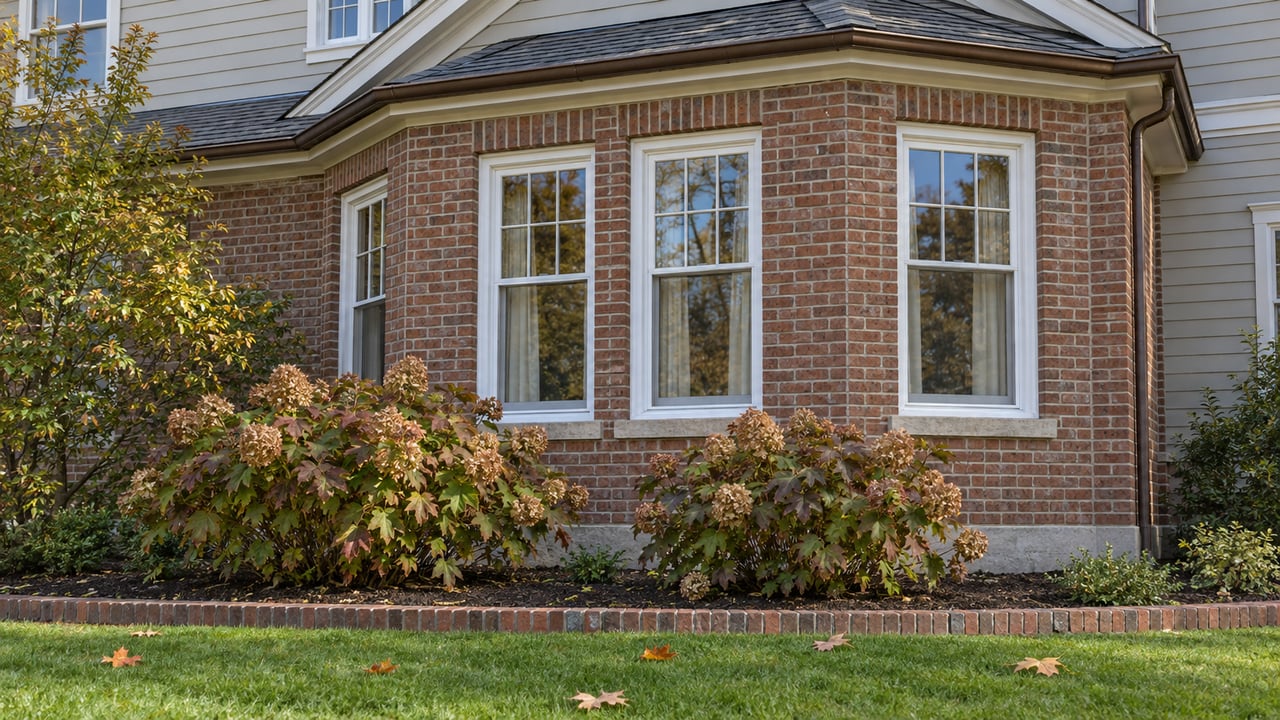 Red-brown brick window bay with white double-hung windows, pale clapboard, burgundy oakleaf hydrangeas and an autumn lawn.
