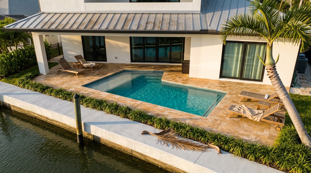 Overhead view of a private pool deck with two loungers, travertine pavers, a ringed palm, and canal seawall.