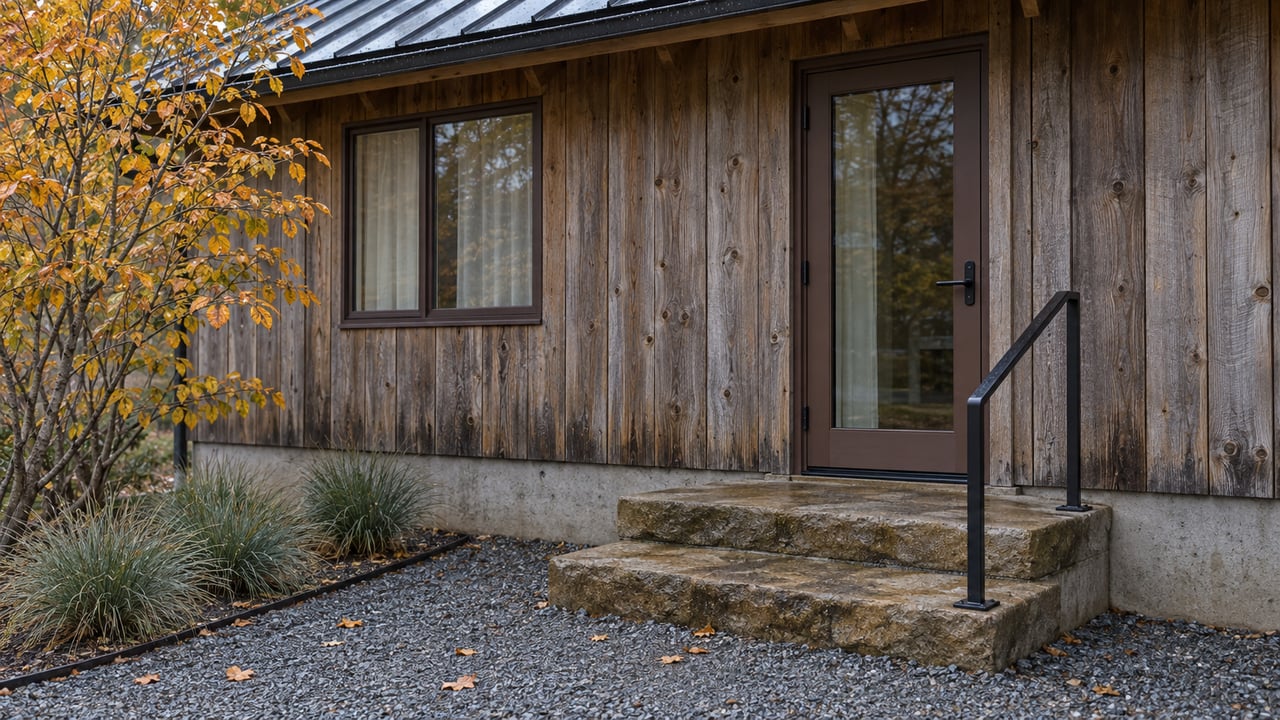Weathered cedar home with a glazed side door, sandstone entry steps and ochre autumn serviceberry leaves after rain.