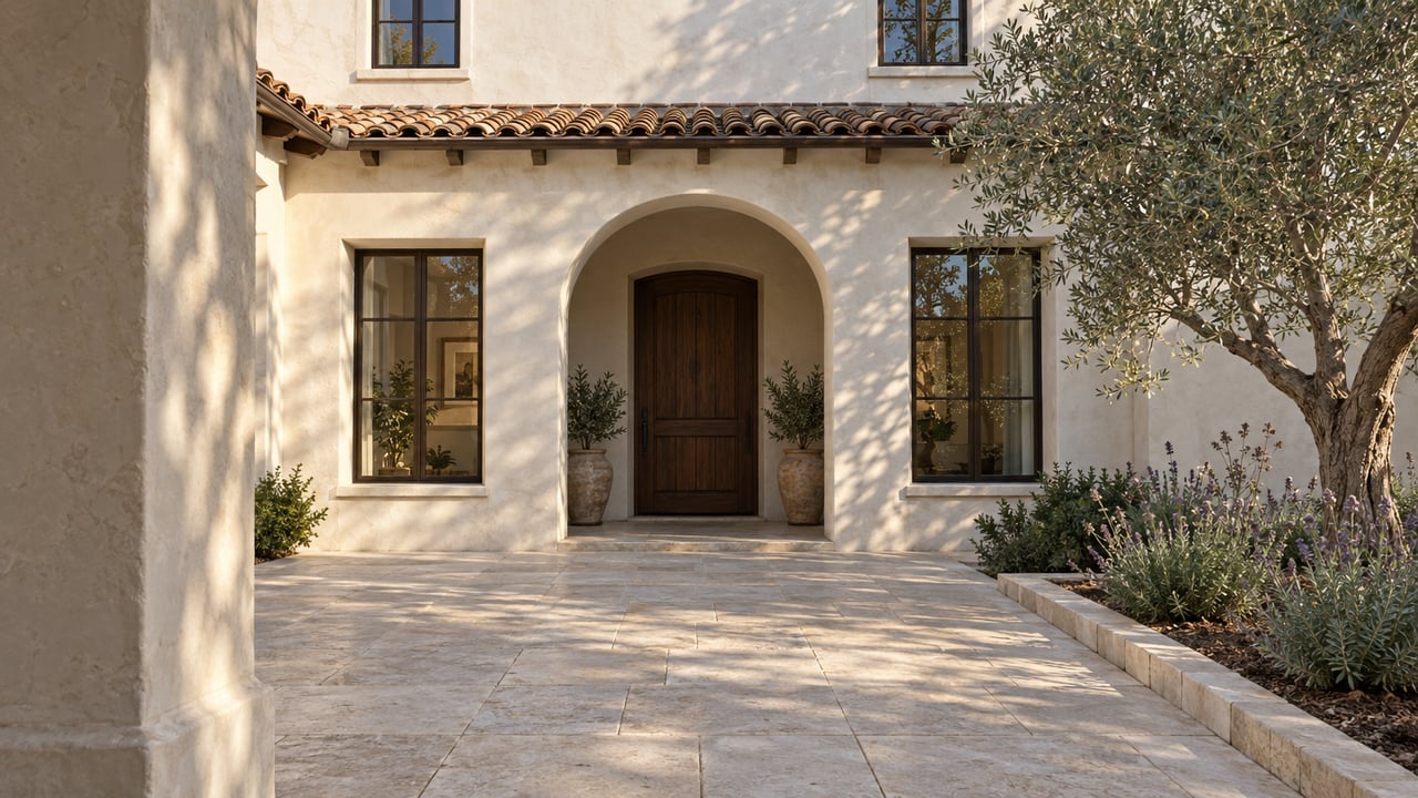 Sunlit limestone courtyard leading to a shaded arched oak entry, with ivory stucco, terracotta tiles and a mature olive tree.