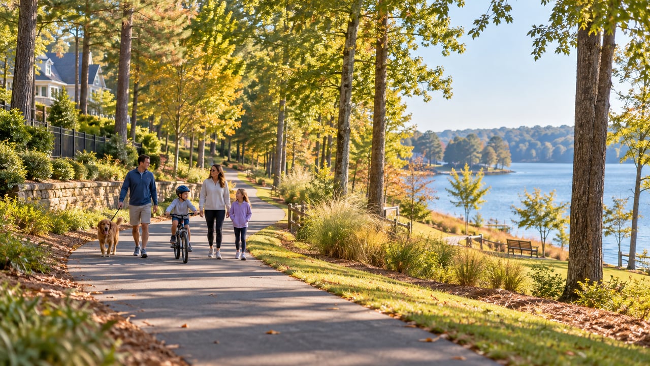 Family walking and biking with their dog on a lakeside greenway beneath autumn trees.