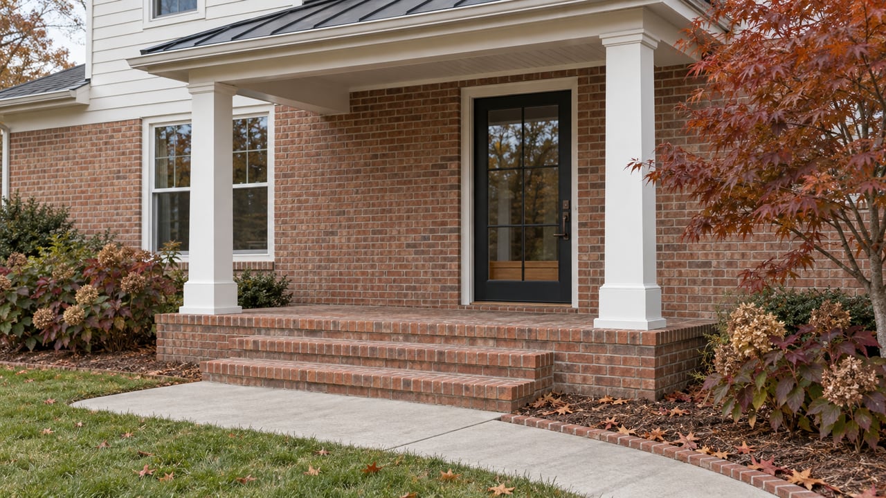 Brick and white-sided home entry with square porch columns, black-framed glass door, brick steps and russet autumn maple leaves.