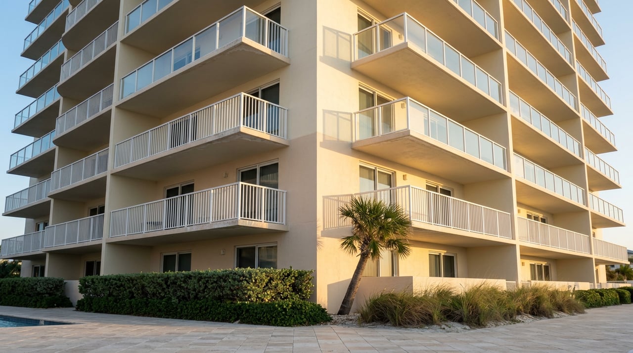 Coastal condominium tower with stacked balconies, metal railings below and glass panels above, beside a palm and dune grasses.