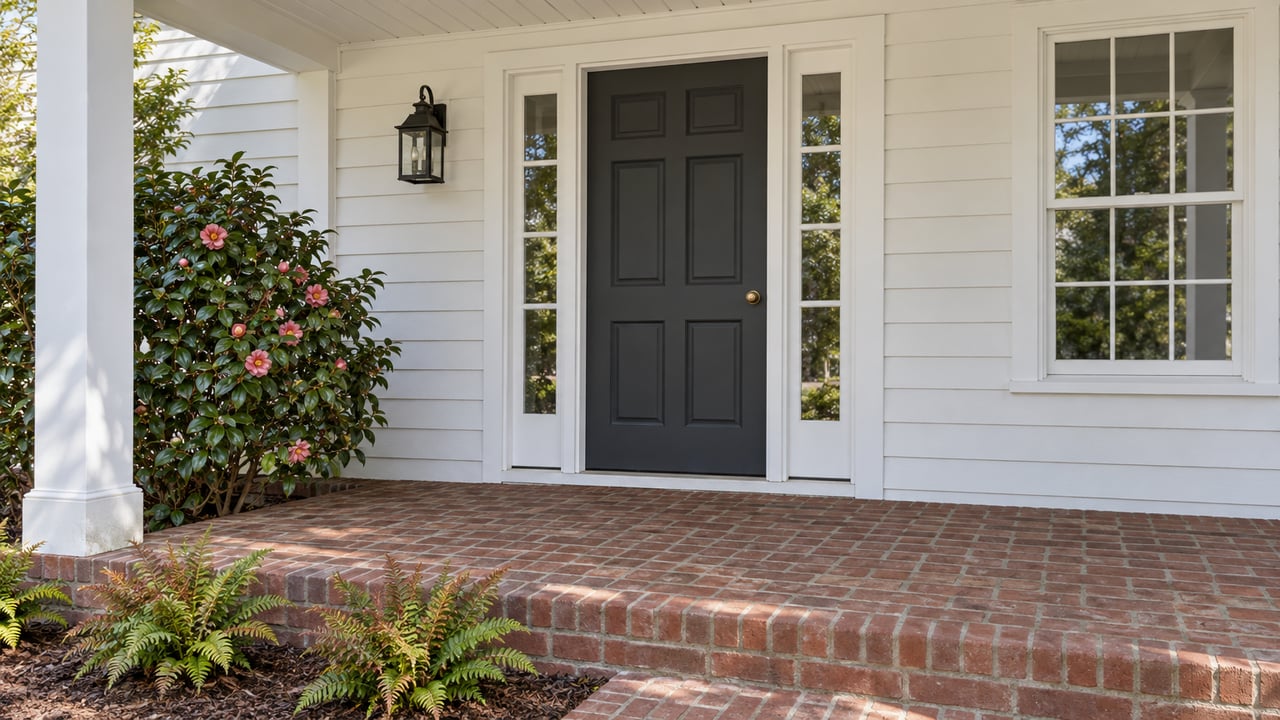 White-sided home entry with a charcoal paneled door, matching sidelights, red-brown brick steps and glossy camellia planting.