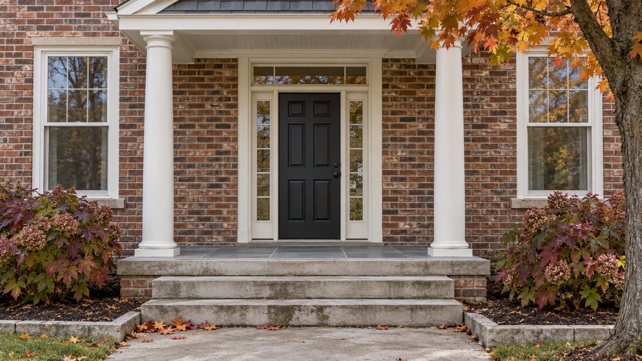 Brick house with a black entry door, limestone steps, and an autumn maple at the right.