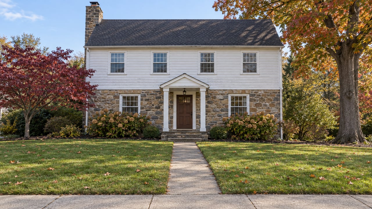 Stone and white clapboard house behind a sloping autumn lawn, with a centered porch, mature red oak and flowering dogwood.