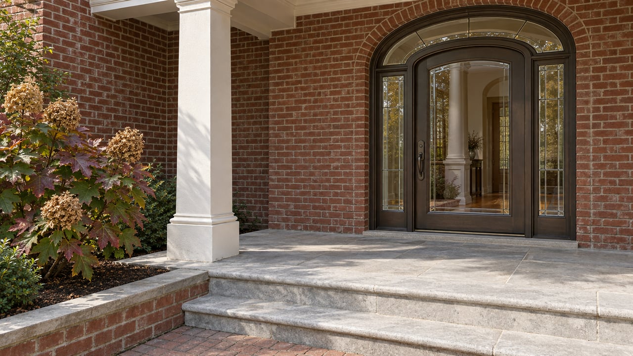 Brick home entrance with an arched glass door, stone steps, and autumn foliage.