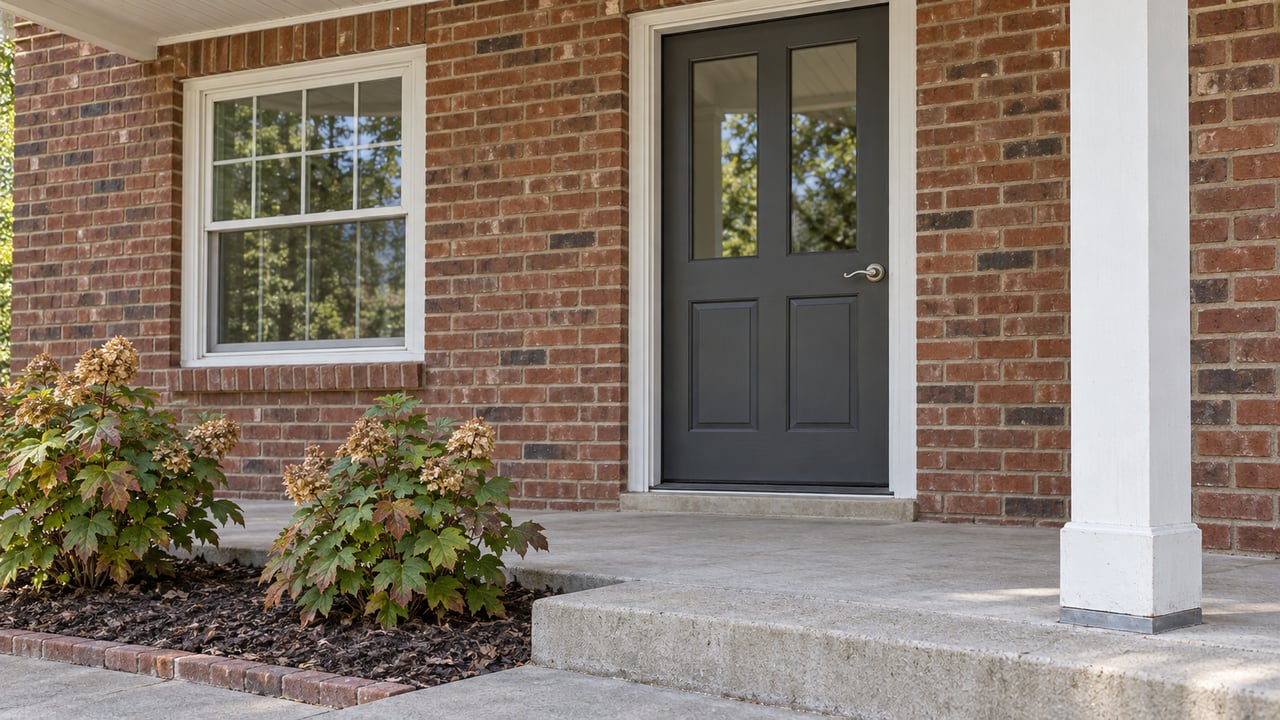Close view of a brick home's covered entry with a charcoal door, white window trim, concrete steps and oakleaf hydrangeas.