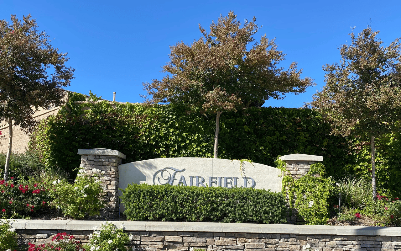 The entrance monument sign for the Fairfield subdivision in Lake Elsinore, CA.