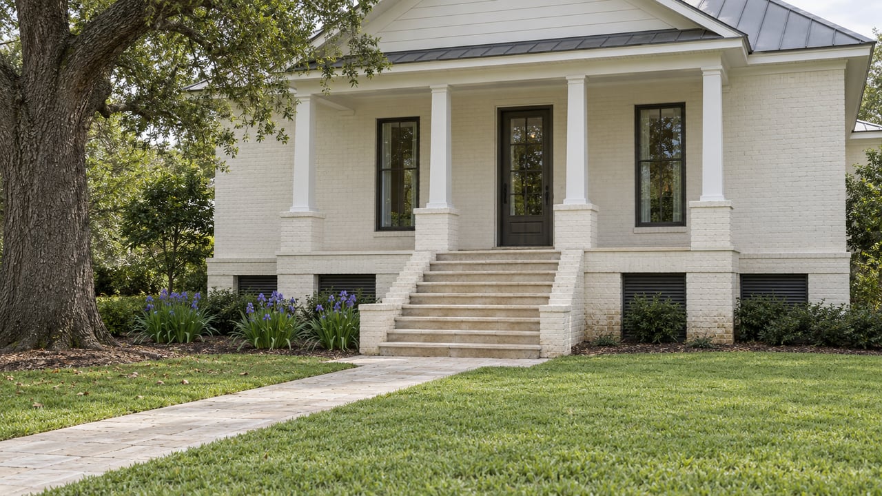 Raised ivory-brick house with a white-columned porch, limestone steps, lawn, oak tree, and iris beds.