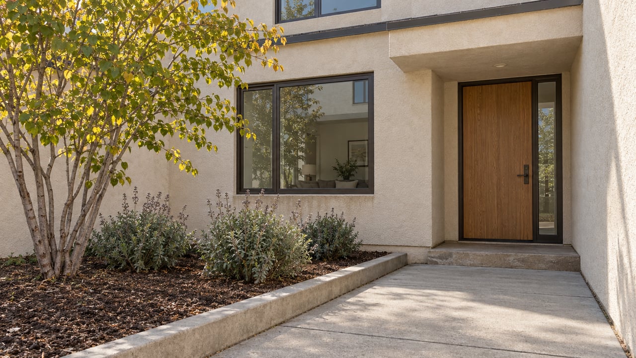 Sunlit stucco townhouse entrance with an oak door, bronze-framed windows, concrete walk, and a small western redbud planting bed.