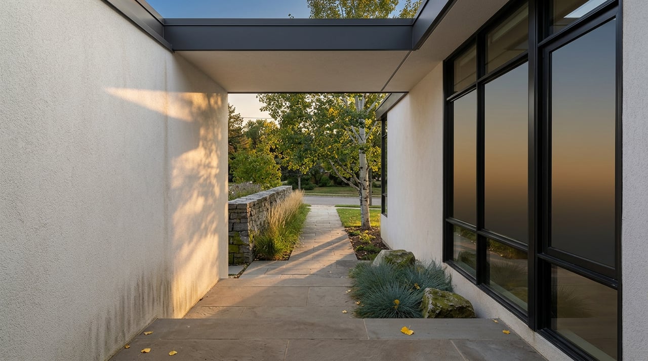 Contemporary home entry with pale stucco, black-framed glazing, and stone steps leading to an aspen-lined walkway.