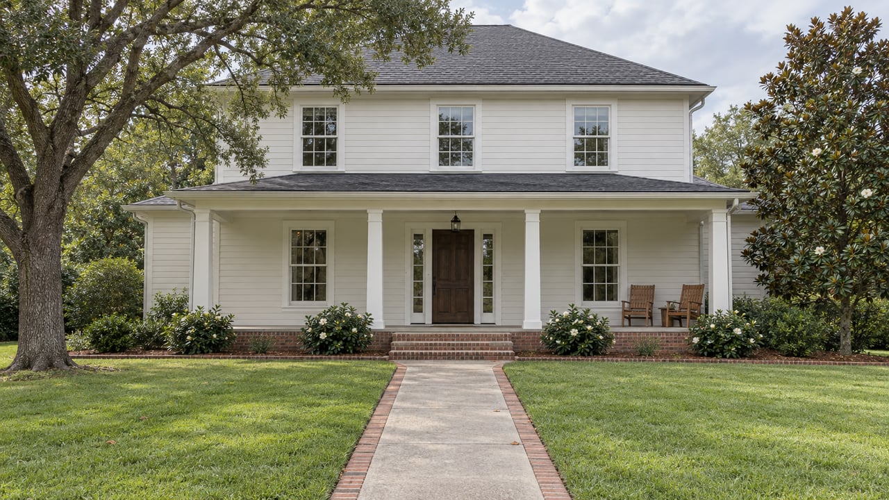 Ivory clapboard home with a broad columned porch, brick steps and a concrete walk crossing a deep lawn, framed by a live oak and magnolia.