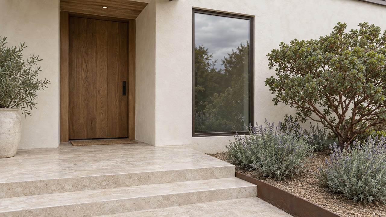 Stucco home entry with an oak door, bronze-framed window, limestone steps, and shrubs in a mulched bed.