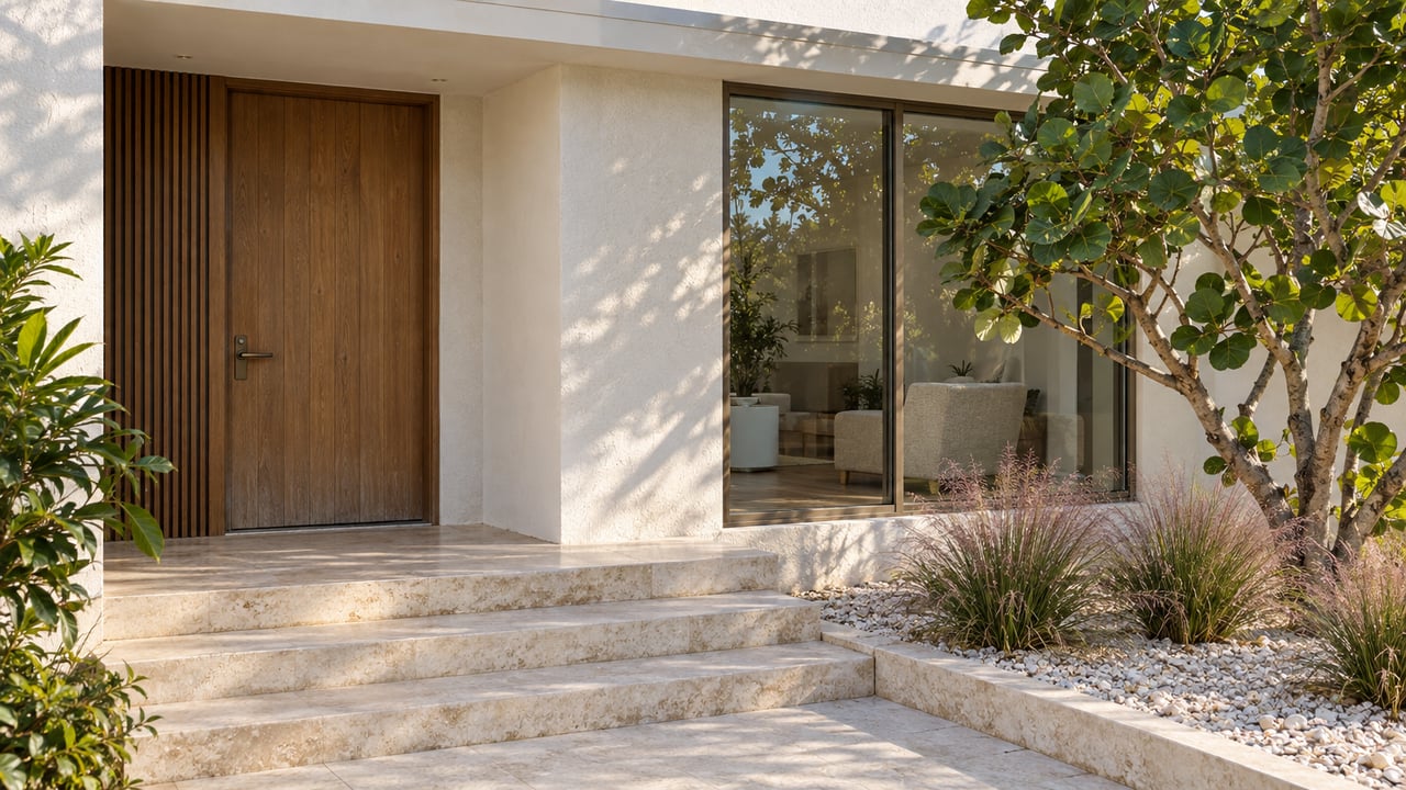 Sunlit coastal home entry with a timber door, limestone steps, bronze-framed window and sea grape planting.