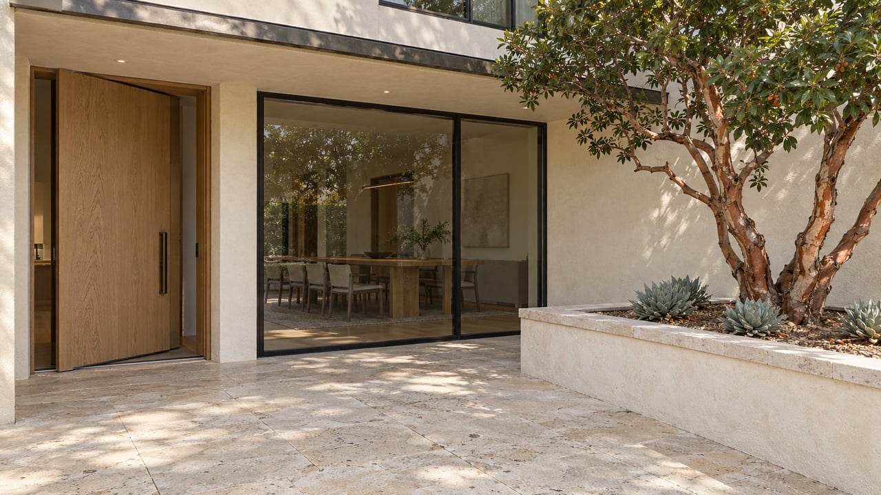 Sunlit limestone entry terrace with an oak front door, black-framed glazing and a sculptural tree in a raised stucco planter.