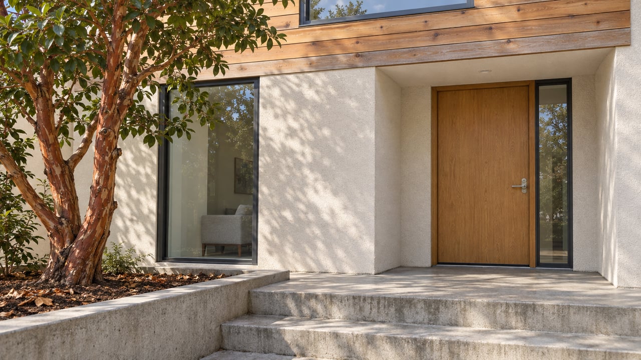 Cedar and stucco residential entry with dark-framed windows, an oak door, concrete steps and a branching strawberry tree.