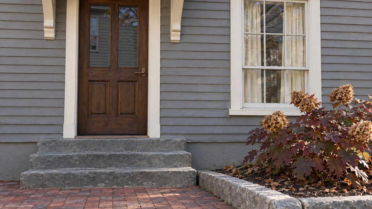 Gray clapboard home entrance with a brown oak door, divided-light window, worn stone steps and burgundy oakleaf hydrangea.