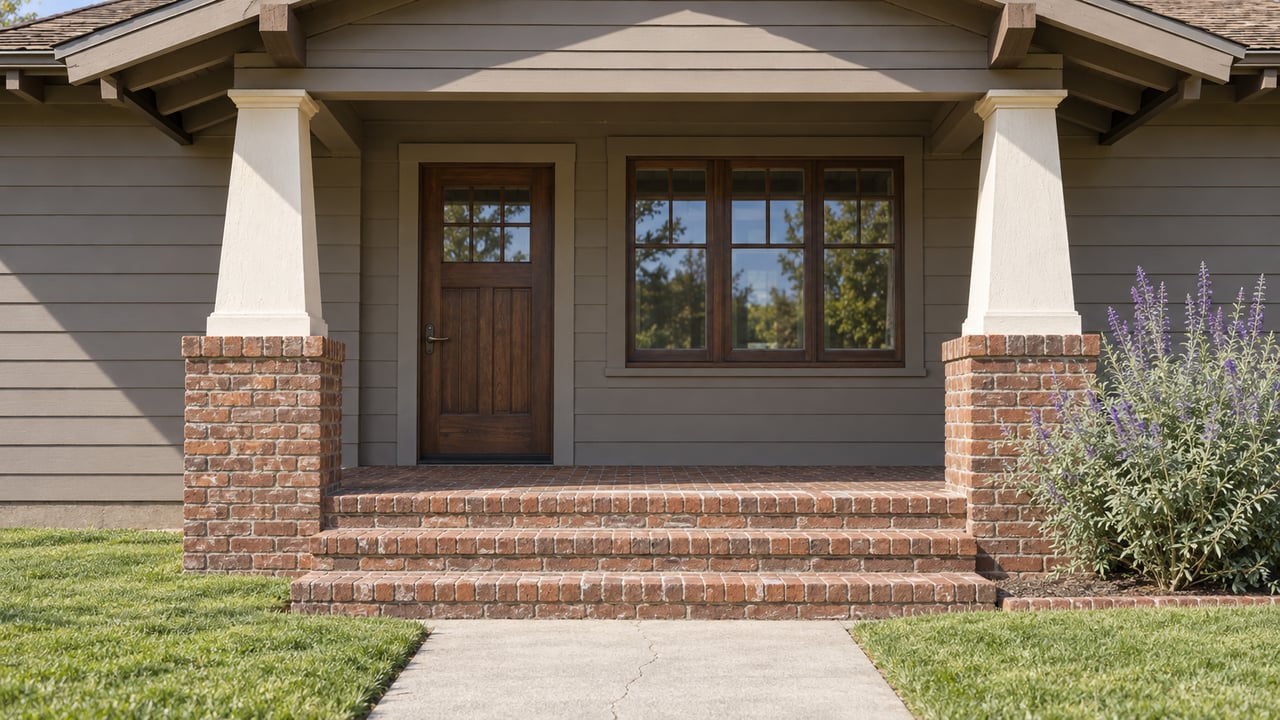 A bungalow porch with tapered ivory columns, weathered brick steps, painted wood siding and a walnut-toned front door beside a divided-light window.