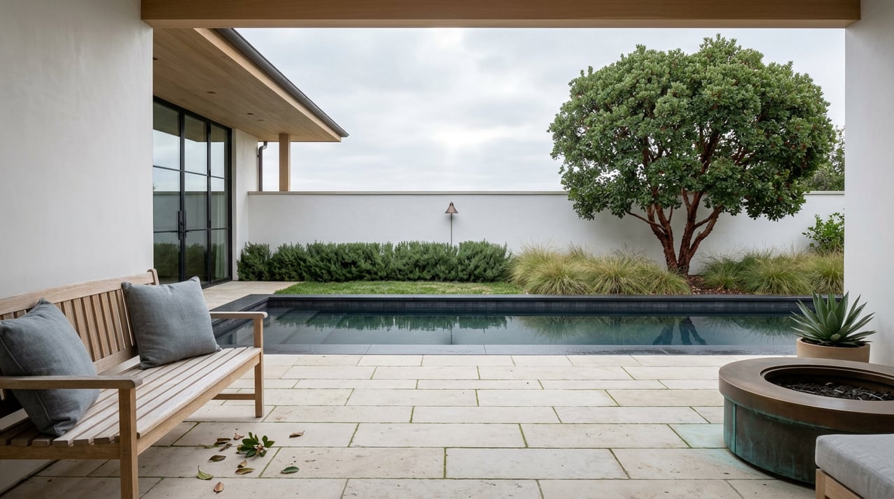 Hillside terrace with a dark-tiled pool, oak bench, bronze firepit, and strawberry tree.
