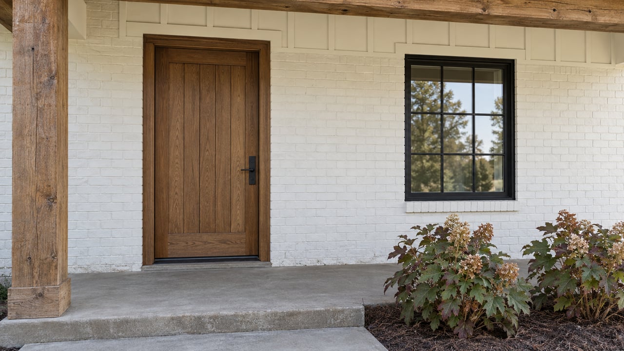 Covered home entry with a stained oak door, white-painted brick, black divided-light window and oakleaf hydrangeas beside a concrete porch.