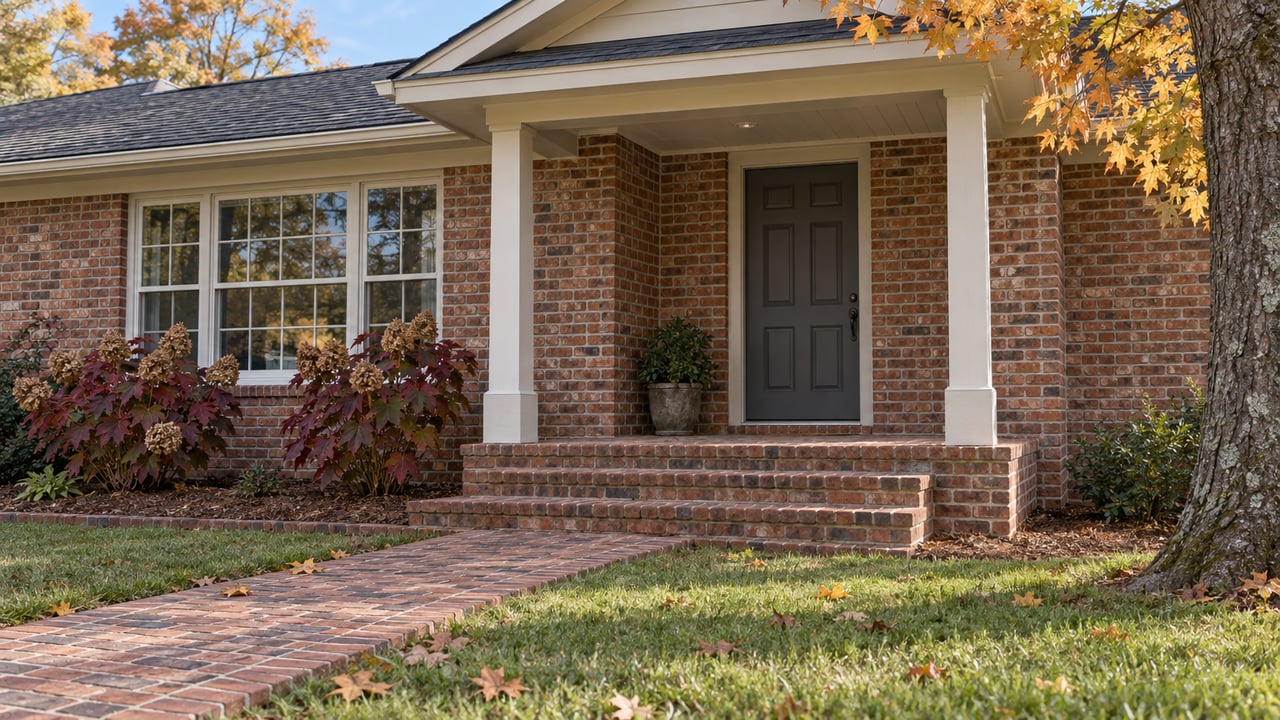 Autumn sunlight on a red-brick home's covered entry, brick steps and walk, with oakleaf hydrangeas and amber maple foliage.