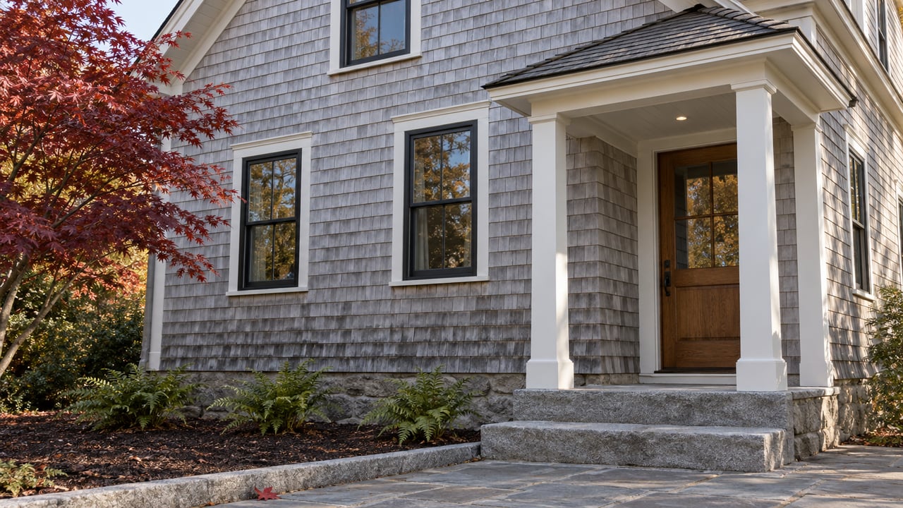 Gray shingled home with dark-framed windows, a sheltered oak entrance, granite steps and red maple foliage in morning light.