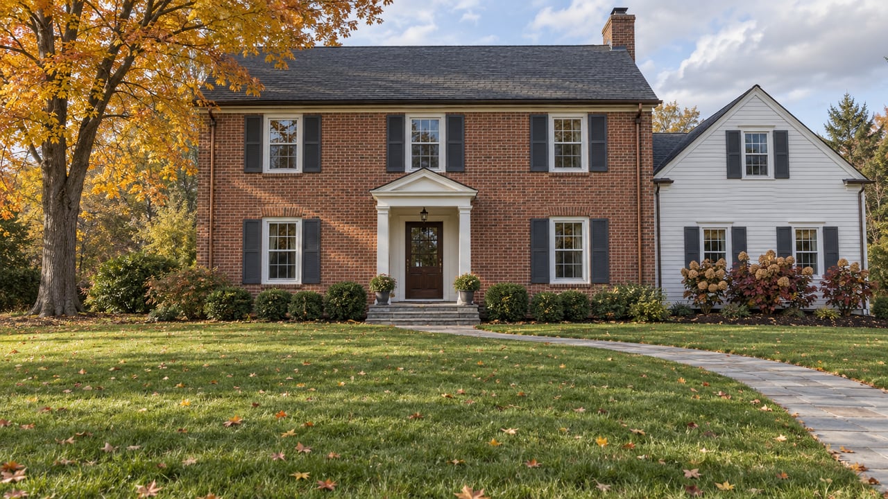 Autumn lawn and amber maple beside a brick house with white clapboard wing, paired shutters, and a stone entry approach.