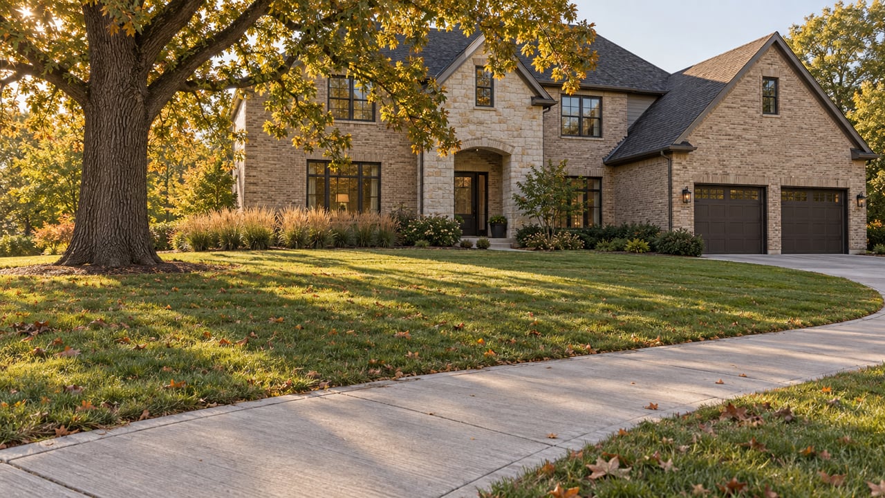Concrete walking path curves past a mature oak toward a two-story brick house with a two-car garage.