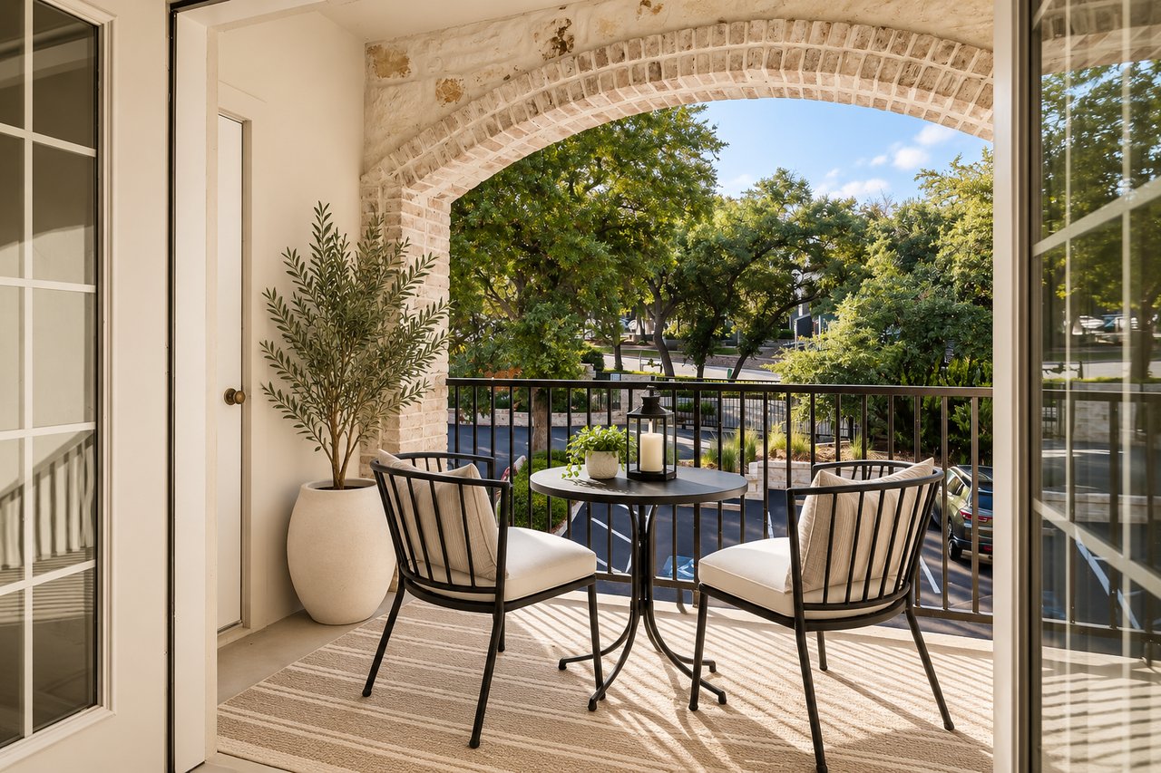 Virtually staged covered patio framed by a brick archway with bistro seating, Barton Hollow, Westlake, Austin.