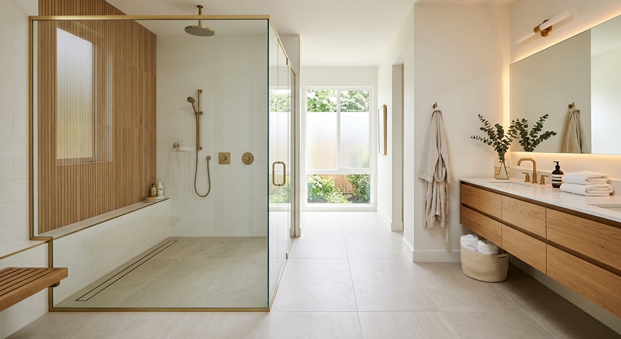 Curbless shower with warm-white tile beside a white-oak floating vanity and brushed-brass fixtures.