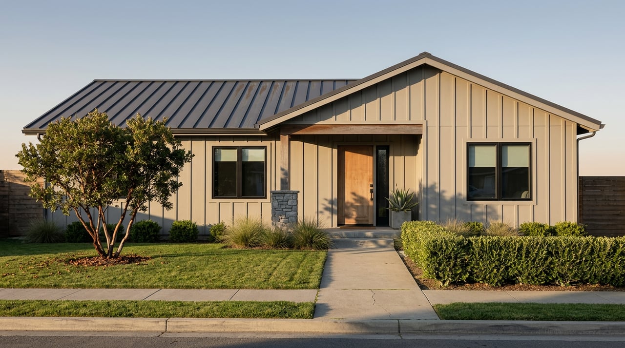 Updated bungalow with warm greige siding, a stone porch pier, and a landscaped path in long morning shadows.