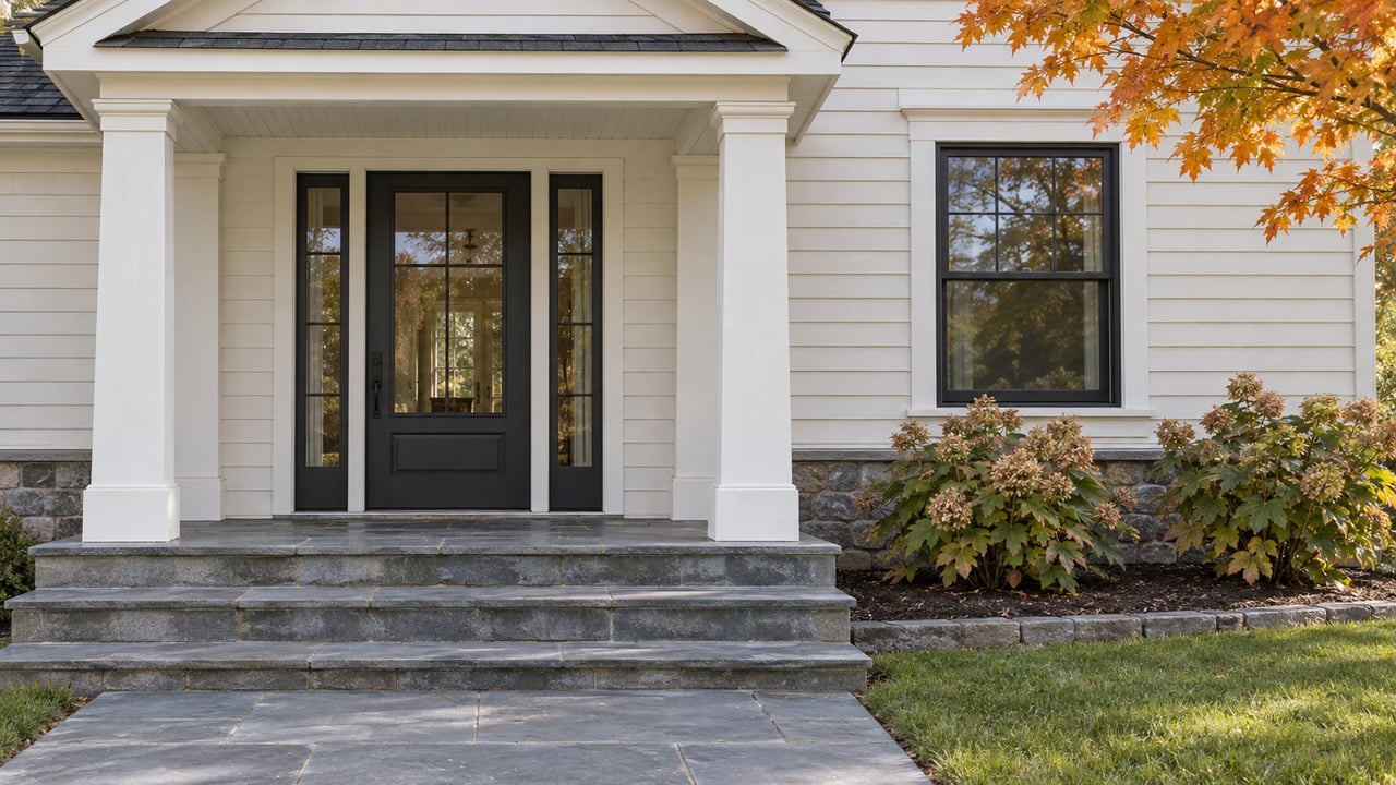 Covered entry with white clapboard siding, charcoal glazed door, bluestone steps, and autumn planting.