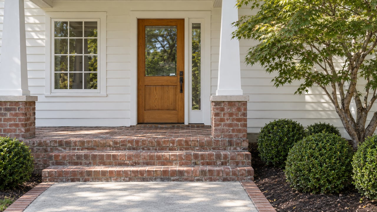 White clapboard home with a recessed oak front door, paired porch posts, brick steps and a Japanese maple beside the entry.