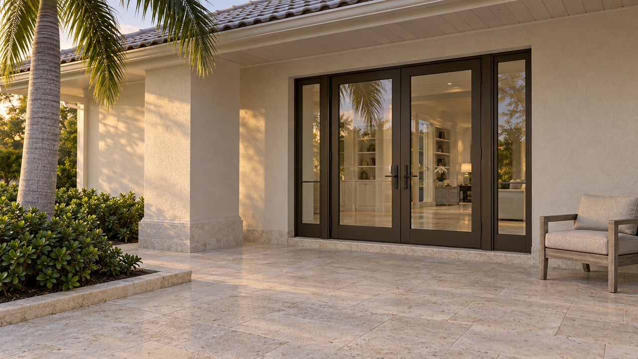 Warm evening light crosses a limestone terrace beside an ivory stucco home, with bronze-framed glass doors, a teak chair and a royal palm.
