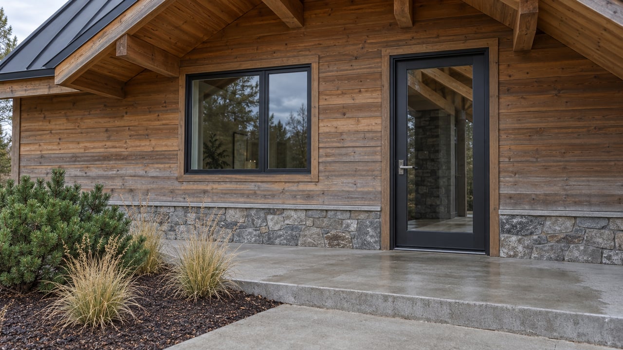 Sheltered cedar-clad home entry with dark-framed glass door, stone foundation, and a concrete approach beside dwarf pine and Idaho fescue.