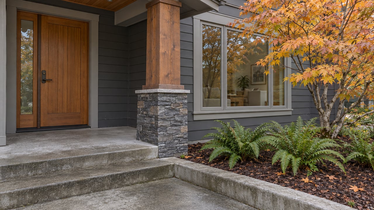 Covered home entry with cedar post, dark stone base, charcoal lap siding and a copper-leaved vine maple beside a large window.