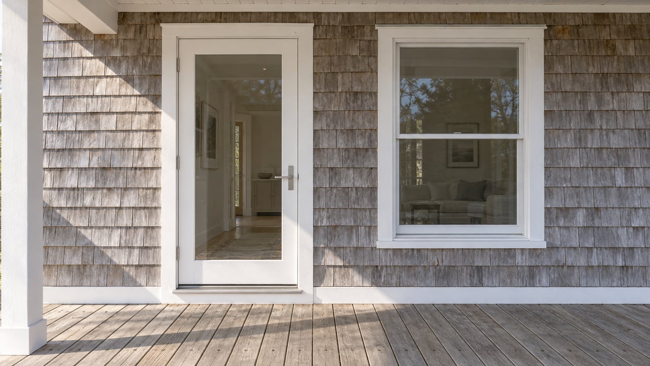 Sunlight crosses a weathered timber deck beside a closed glass entrance door and white-trimmed window in silver-gray cedar shingles.