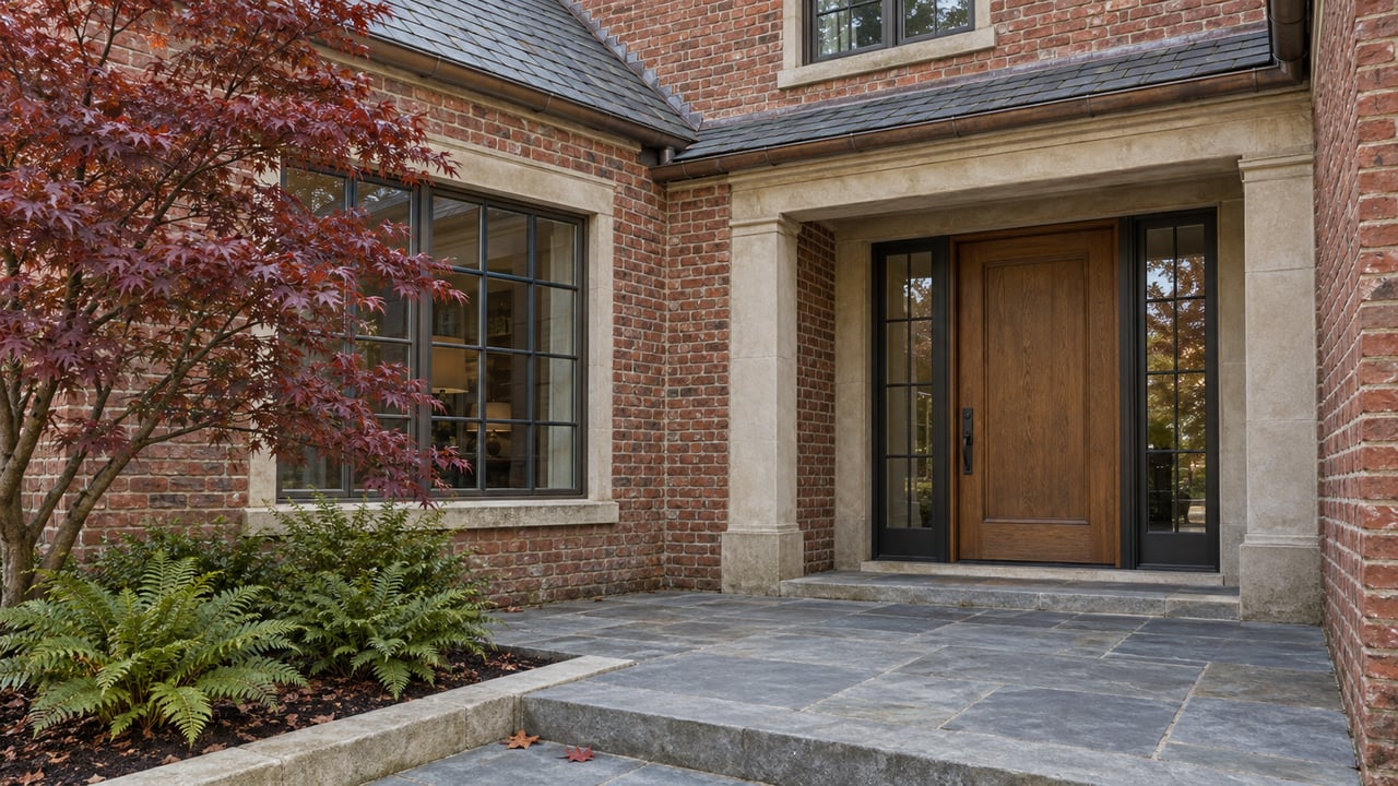 Red-brick home with a recessed oak entrance, limestone trim and bluestone terrace beside a burgundy Japanese maple.