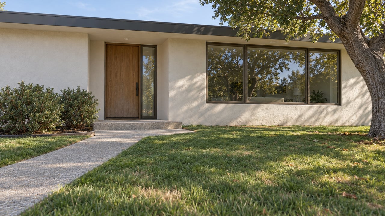 Single-story stucco home with an oak front door, bronze-framed windows, and a concrete entry walk through a deep lawn beneath a mature oak.