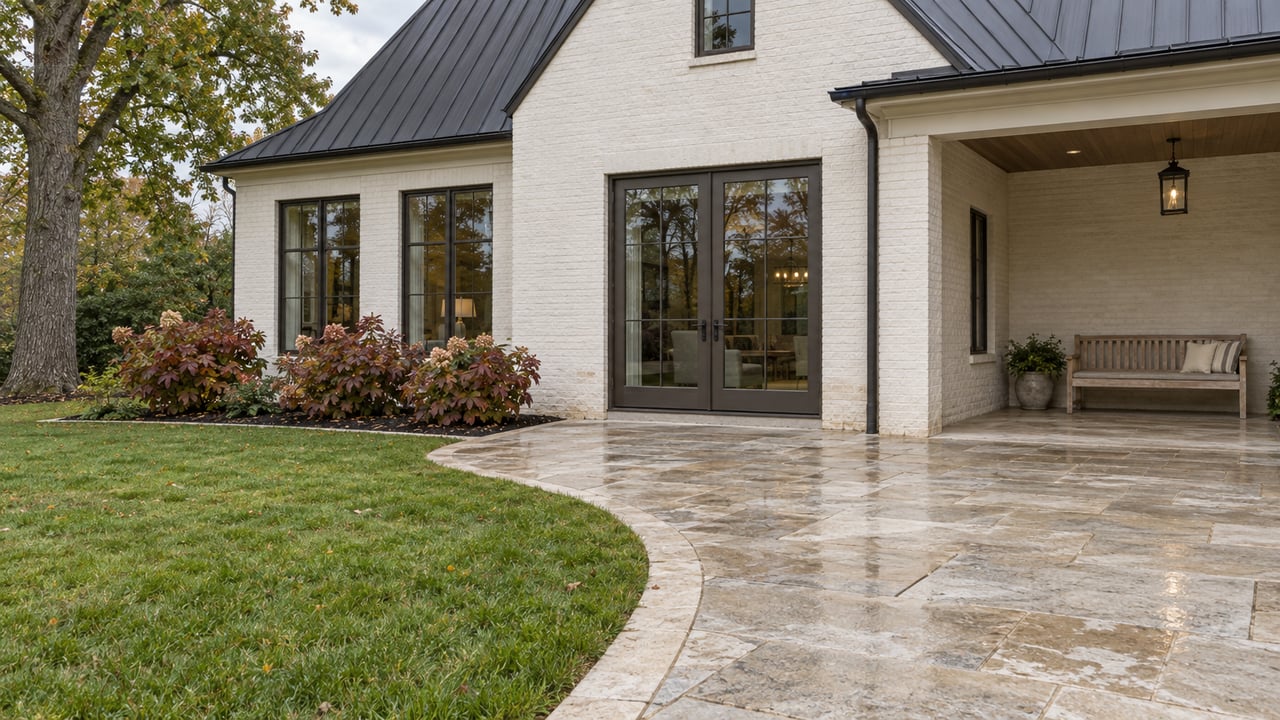 Light-brick gabled home with dark-framed windows, a limestone rear terrace, oakleaf hydrangeas and an established lawn after rain.