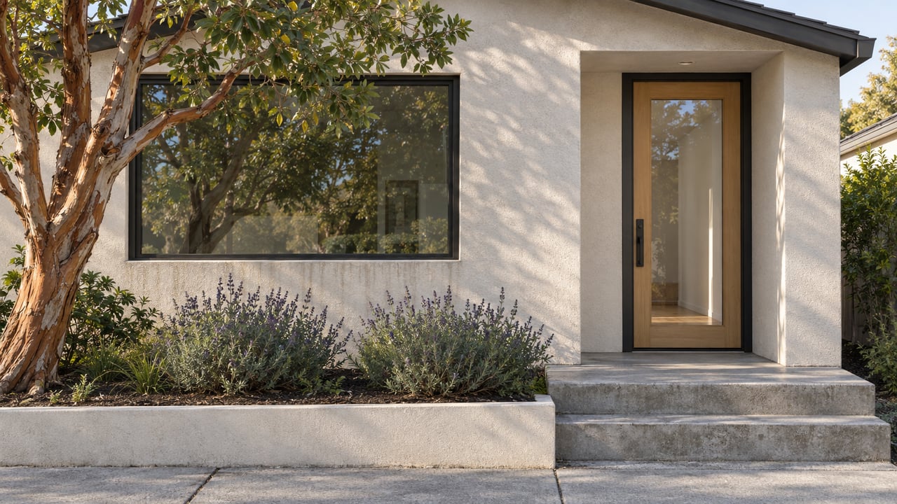 Compact stucco house with a recessed glazed door, concrete steps, and a pruned tree beside two sage mounds.