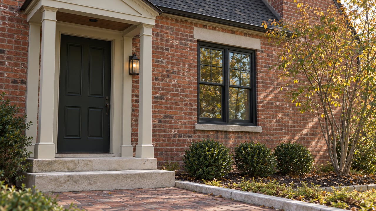 Renovated red-brick house with a painted entry door, timber portico, black-framed window, and limestone steps.