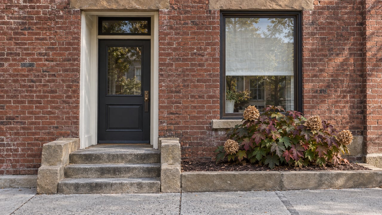 Renovated brick house entrance with a charcoal glazed door, tall window, worn limestone steps, and autumn oakleaf hydrangea.