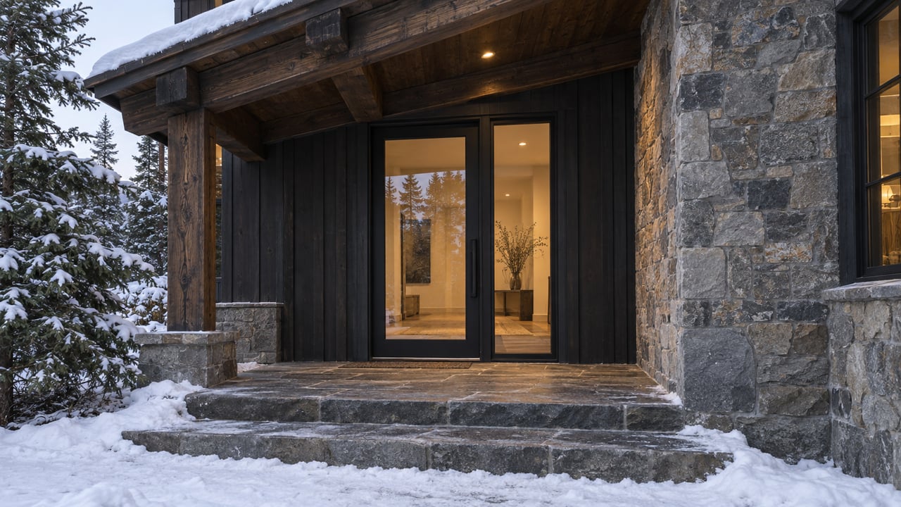 Chalet entrance with a glazed black-metal door, stone wall, flagstone steps, and snow-dusted spruce.