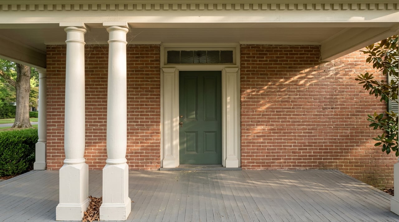 White porch column beside a deep green paneled door set in an aged red brick facade.