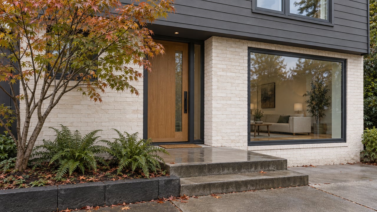 Compact home with charcoal siding, off-white brick, oak front door, concrete stoop, and a small planted bed.