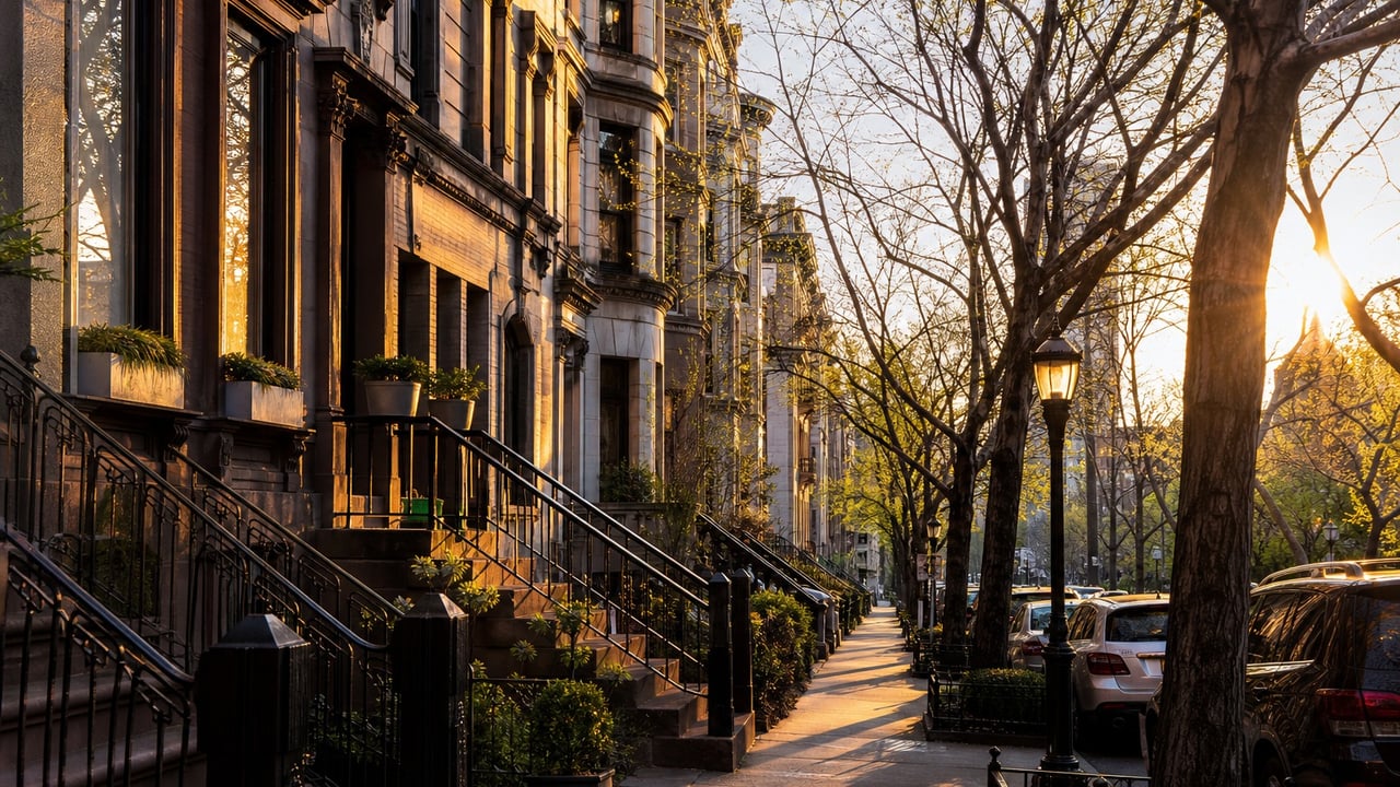 New York brownstones with iron-railed stoops along a tree-lined sidewalk in golden evening light.