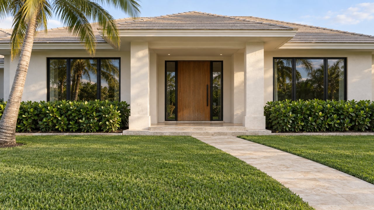 Ivory stucco home behind a deep green lawn, with a limestone entry walk, low tiled roof and one curved coconut palm.