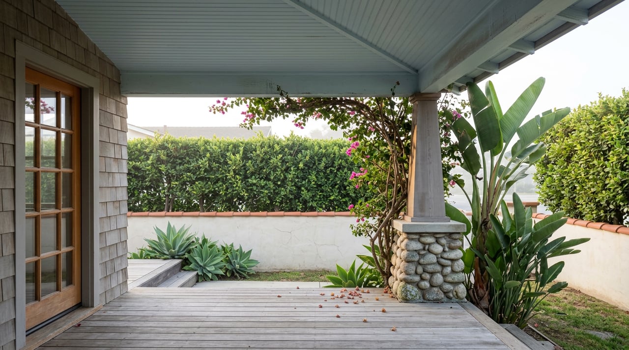 Beach cottage porch with a river-stone column, broad bird-of-paradise leaves, and a shallow yard beyond.
